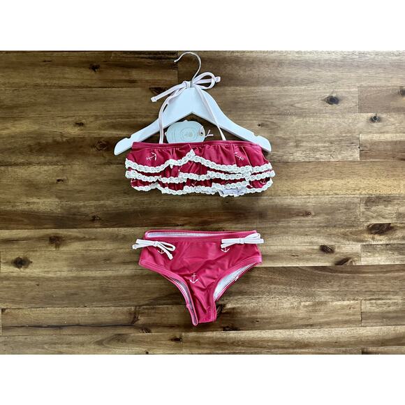 NWT SweetHoney Milly Frilly Two Piece Nautical Red Anchor Swimsuit Ruffle 18M/2T - Picture 2 of 10